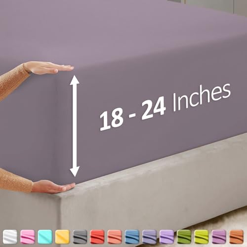 Image of Hearth & Harbor Extra Deep Pocket California King Fitted Sheet - Fits 18 to 24 Inch Mattress - Ultra Soft 1800 Microfiber, Wrinkle-Free & Breathable - Hotel Luxury Fitted Sheet Only, Dusty Purple
