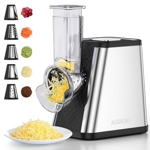 Comparison: Best Cheese Grater Electric 11 AERKINE Electric Cheese Grater - 5-in-1 Automatic Vegetable Slicer/Shredder with 5 Blades, Electric cheese grater for Block Cheese, Vegetables, Fruits and Salad Making