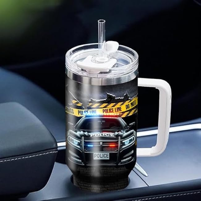 WAZONE Personalized Police Car Tumbler With Lid Custom Name Insulated Travel Mug Tumbler 40oz with Handle and Straw Gifts For Retirement Officers Retired Officer Men Women On Birthday
