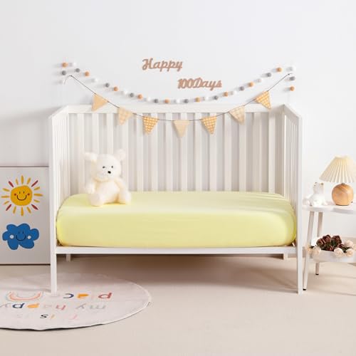 Image of NTBAY 2 Pack Muslin Cotton Mini Crib Sheets, Soft and Breathable Double Layer 24x38 Baby Crib Sheets for Mini Crib and Toddler Mattresses, Boys, Girls, Unisex, Light Yellow, 24x38 Inches