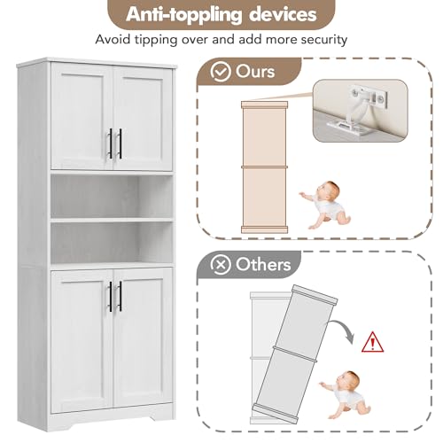 GarveeHome 67" Tall Storage Cabinet, Tall Bathroom Cabinet with 4 Doors and Adjustable Shelves, Freestanding Kitchen Pantry Cabinets, Cupboard for Living Room, Dining Room, Antique White