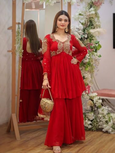 Image of Women Embroidered Ethnic Top Plazo Dupatta Set, Georgette Traditional Outfit for Festive WeddingWear