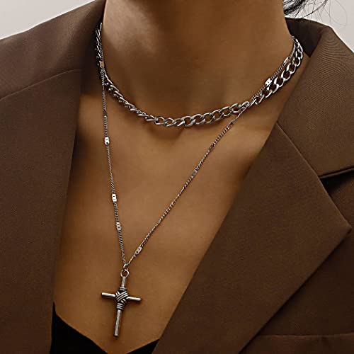 Cross Layered Necklace Silver Thick Choker Necklace Cross Pendant Necklace For Women 124 #TOP1