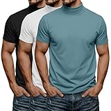 August Alley 3 Pack Men's Turtleneck T Shirts, Short Sleeve Mock Neck Casual Undershirt Summer Slim Fit Basic Pullover Tops(Lake Green, White, Black,Medium)