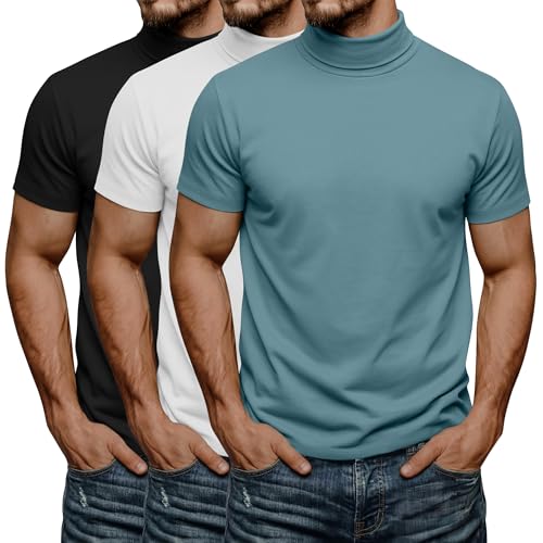 August Alley 3 Pack Men's Turtleneck T Shirts, Short Sleeve Mock Neck Casual Undershirt Summer Slim Fit Basic Pullover Tops(Lake Green, White, Black,Medium)