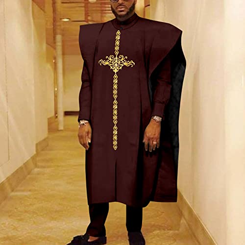 African Clothes for Men Embroidery Agbada Robe Shirts and Pants Set Dashiki Outfits Traditional Attire2