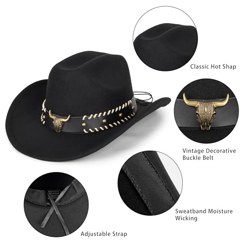 Image of Wide Brim Men and Women's Western Cowboy Hat Fedora-Jazz-Hat with Bull Head Band Decoration