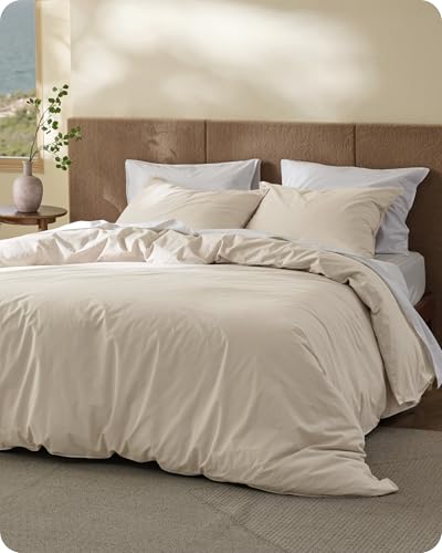 Bedsure Cotton Duvet Cover Full - Luxury Slub Weave 100% Cotton Duvet Cover with a Linen Like Textured, Easy Change Durable Bedding, Ivory, 80" x 90"