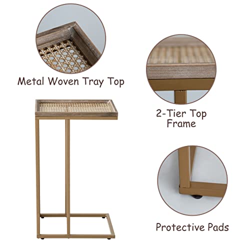 COZAYH-Farmhouse-C-Table-Couch-End-Table-Metal-Distressed-Woven-Pattern-Tray-Top-Snack-Side-Table-Gold-F03102-1