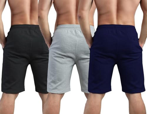 Image of hotfits Men's Cotton Shorts Pack of 3 | Casual All-Season Printed Workout & Running Shorts | Soft Fabric Regular Fit with Elastic Waist & 2 Side Pockets for Gym, Sports