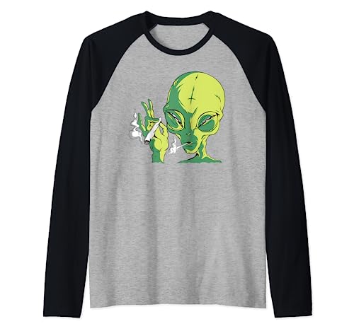 Alien Smoking Weed Cannabis Marijuana Funny Maglia con Maniche Raglan