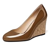 Mettesally Womens Wedge Cork Heels Round Closed Toe Pumps Slip On Comfort Wedding Party Dress Shoes Brown US11