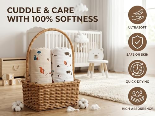 Image of Trance Home Linen Super Soft 100% Cotton Flannel Swaddle Cloth I Swaddle Wrap | Swaddle for New Born Baby |Baby Shower Set (90x90 cm, Jungle White Peach,Pack of 2)