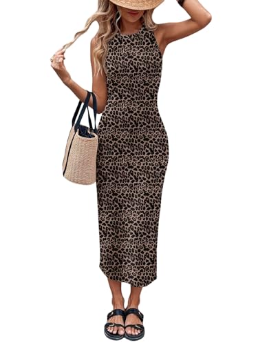 GORGLITTER Damen Kleid Elegant Ärmellos Leoprint Midikleid mit Schlitz Tankkleider Freizeitkleid Rundhals Partykleid Festival Outfit Leoparden M