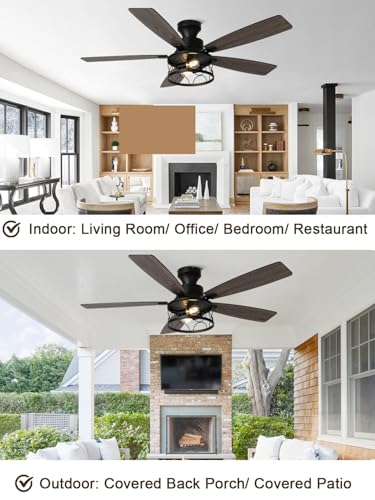 Image of 52 Inch Flush Mount Farmhouse Ceiling Fan with Lights and Remote | Rustic Fandelier Black Metal Caged Chandelier Fan, 5 Dual Blades, Reversible Quiet DC Motor 6 Speed, for Bedroom Living Room