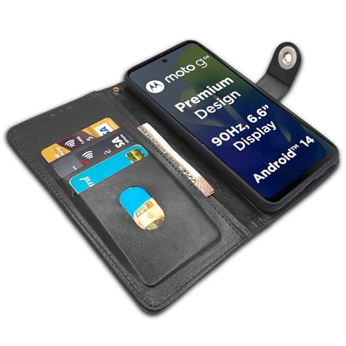 Image of Pikkme Moto G04 Flip Cover Leather Finish | Inside TPU with Card Pockets | Wallet Stand and Shock Proof | Complete Protection Button Flip Case (Black)