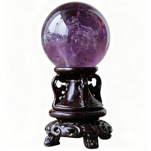 Stone Crystal Ball with Wood Stand Divination Sphere for Home Office Decor Semi Precious Ball, Amethyst Hand-Made for Decoration