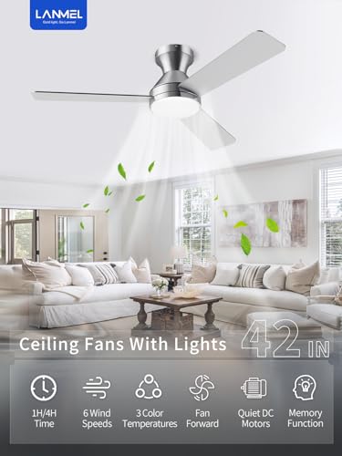 Image of LANMEL Ceiling Fan with Light, Modern Flush Mount Low Profile with Remote Control, Reversible, 3CCT Dimmable, Quiet,LED for Bedroom, Living Room, Indoor /Outdoor Patio Use 42 Inch Silver
