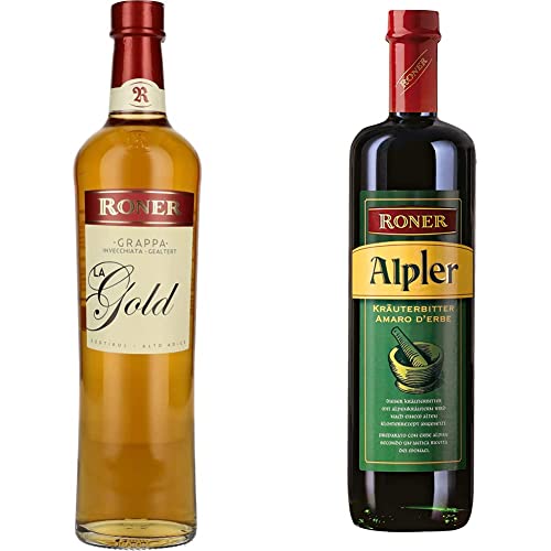 Roner La Gold Grappa Invecchiata & Alpler (1x 0,7l) - Amaro Vero alle Erbe Alpine - Secco Distilleria Artigianale Alto Adige Südtirol più premiata d'Italia - 700 ml