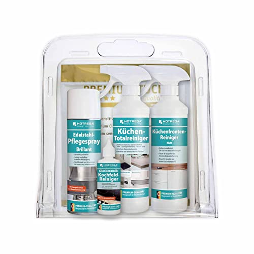 HOTREGA Küchenpflege-Set matt | Küchenfronten Reiniger, Edelstahl Pflegespray, Glaskeramikreiniger, Küchen-Totalreiniger + Premiumtuch sensitive