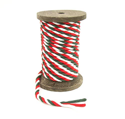 Fms Ravenox Natural Twisted Cotton Rope | (Christmas - Red, White & Green)(1/4" x 25 Feet) | Made in The USA | Triple-Strand Rope for Garland, Decor, Pet Toys, Crafts, Macrame & Indoor Outdoor Use