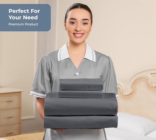 Image of ROYALE LINENS 100% Organic Cotton Queen Sheet Set - Percale Weave - 4 Pieces Set - 1 Flat, 1 Deep Pocket Fitted Sheet and 2 Pillowcases - Grey Bed Sheets - Sabanas Queen - Crisp Cool (Grey)