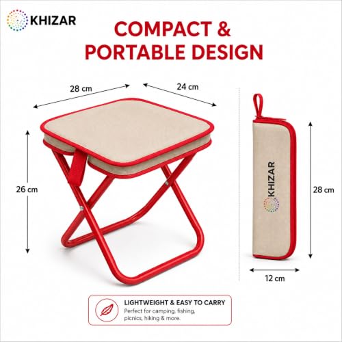 Image of KHIZAR Foldable Camping Stool with Carry Bag | Portable Folding Seat for Outdoor Travel | Heavy Duty Steel Frame | 100kg Load Capacity | Lightweight Fishing, Hiking, Trekking, Picnic, | Beige