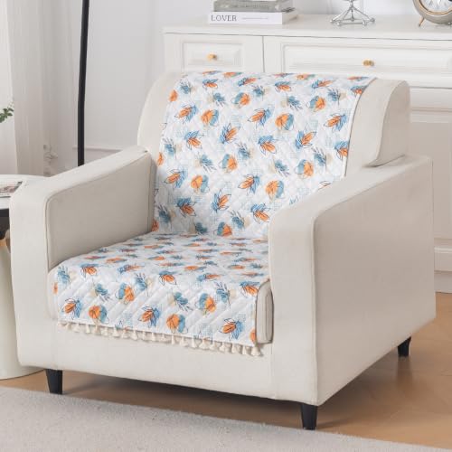 Image of HOKIPO Abstract Petals Quilted Sofa Cover for 1 Seater with Tassels for Seat & Back, 'Tassel Twigs' Series (IN-989-T10)