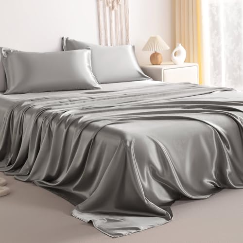 NTBAY Queen Satin Sheet Set, 4 Piece, Grey - image 1