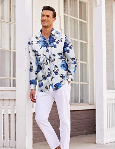 Coofandy Men's Slim Fit Floral Dress Shirt Long Sleeve Casual Button Down Shirts (01_White&Blue, Medium) #TOP2