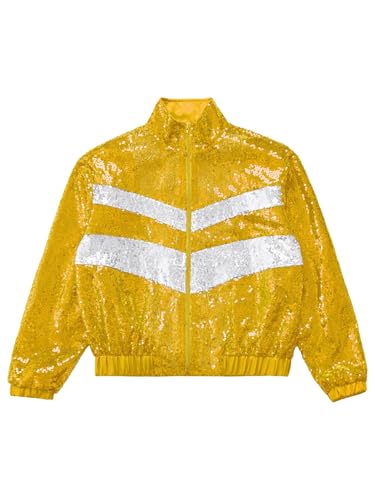 Girls Long Sleeve Sequins Jacket Outerwear Full Zip Sparkly Coat for Kids Party Club Street Dance