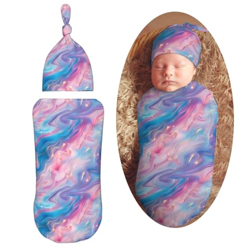Image of Pink and Blue Marble Newborn Swaddle Blankets Hat Sets Soft Baby Receiving Blanket Swaddle Sack for Baby Shower Infant Boy Girl Gift