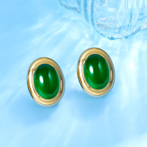 18K Yellow Gold Plated Oval Cut Emerald Agate Large Stud Earrings Ear Jewelry for Women4