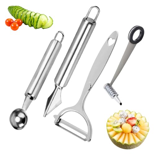 4-Piece Kitchen Spiral And V-Shaped Tools, Vegetable Peeler, Crinkle Cutter Knife, Multifunctional Kitchen Set, Manual Kitchen Tools for Creative Food Decoration（Silvery）