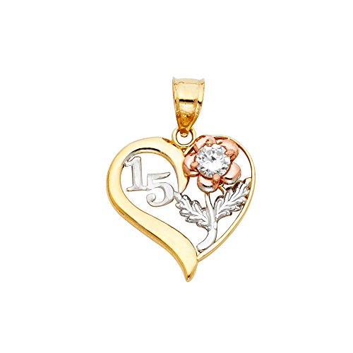 14K Tri Color Gold Sweet 15 Years Quinceanera Heart Charm Pendant with 0.8mm Box Chain Necklace2