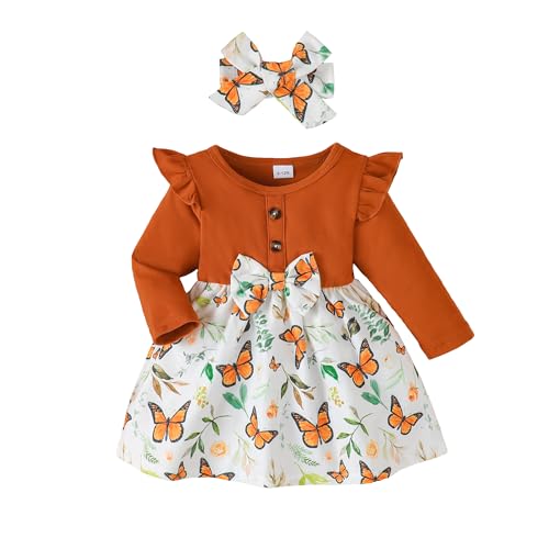 Image of YWFSHOP Baby Toddler Girl Dress Outfit Fall Winter Clothes Crew Neck Corduroy Long Sleeve Dresses with Bow Headband