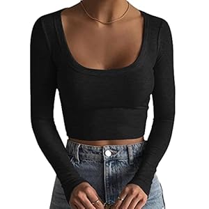 Artfish Women’s Square Neck Long Sleeve Ribbed Slim Fitted Casual Basic Crop Top
