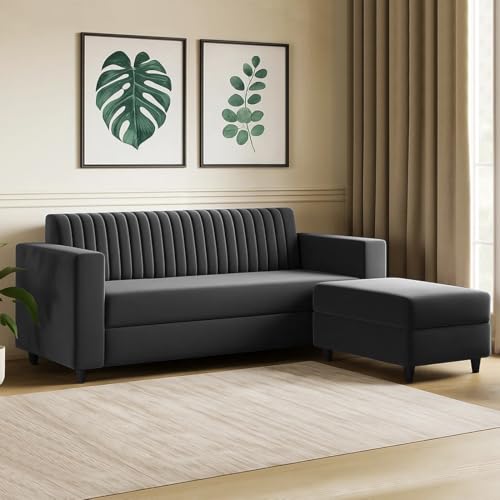 Image of FURNY Premium Joy 4 Seater Fabric L Shape Sofa Set - 3 Seater Modern Sofa Set with Ottoman for Living Room | with Velvet Fabric | 3- Year Warranty in Dark Grey Color