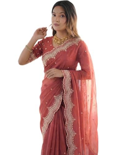 Image of SIRIL Women's Shimmer Georgette Scalloped Border Sequins Embroidery Saree with Unstitched Blouse Piece