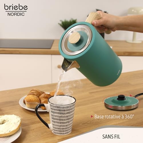 briebe Nordic Bouilloire Électrique 1,7 L, sans Fil, 2200 W Ébullition Rapide, sans BPA, Base 360°, Contrôleur Strix, Arrêt Automatique, Design Nordique, Poignée Effet Bois, Vert