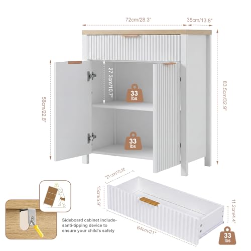 Image of Panana 2 Doors 1 Drawer Sideboard, Ribbed Style Storage Cabinet with Adjustable Shelves for Kitchen Living Room, Kitchen, Entryway (White)