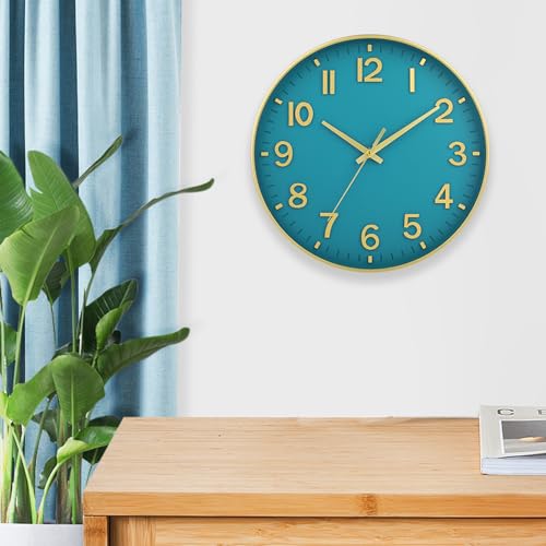 Image of HZDHCLH Teal and Gold Wall Clocks Battery Operated 12 inch Silent Non Ticking Modern Wall Clock for Living Room Bedroom Kitchen Office Decor