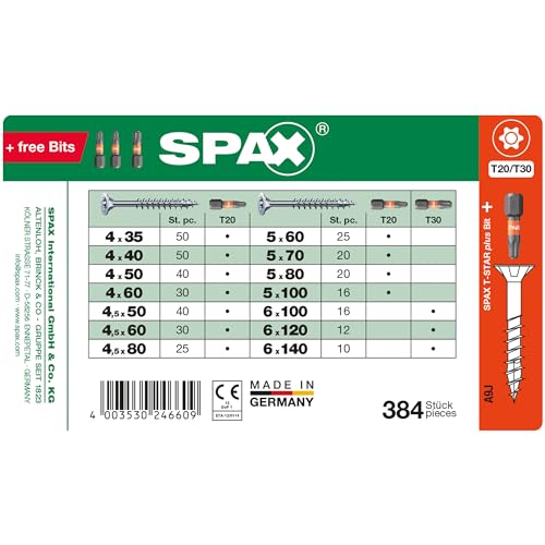 SPAX Sortimentskoffer groß, Schrauben-Set mit 14 Abmessungen, 384 Schrauben + 3 Bits, Senkkopf, T-STAR plus, WIROX - 4000001991169