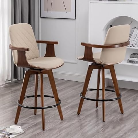 Bar Stools Set of 2, Upholstered Faux Leather Counter Height Bar Stools, Swivel Barstools with Wooden Arms and Legs, 25.6-Inch Seat Height (Pack of 2, Beige-1) Cover