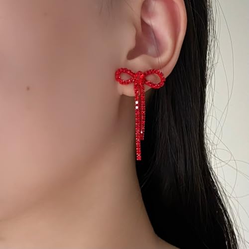 Red Bow Chandelier Earrings for Women, Earrings Dangle Dangling Bling Sparkle Earring Crystal Rhinestone Statement Drop Tassels Earrings for Prom Fashion Jewelry by MOLATTA - Image 3