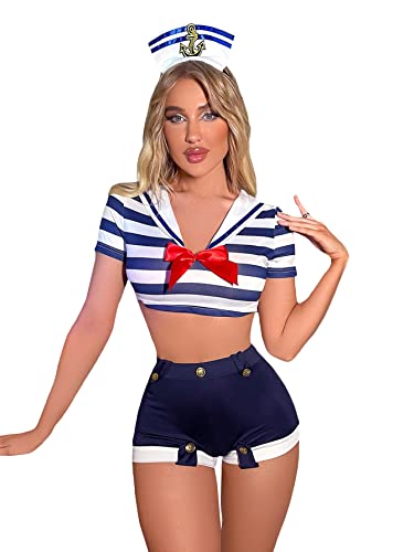 Wdirara Women's 3 Pieces Sailor Costume Cosplay Striped Crop Top With Shorts Lingerie Set Blue And White L #TOP10