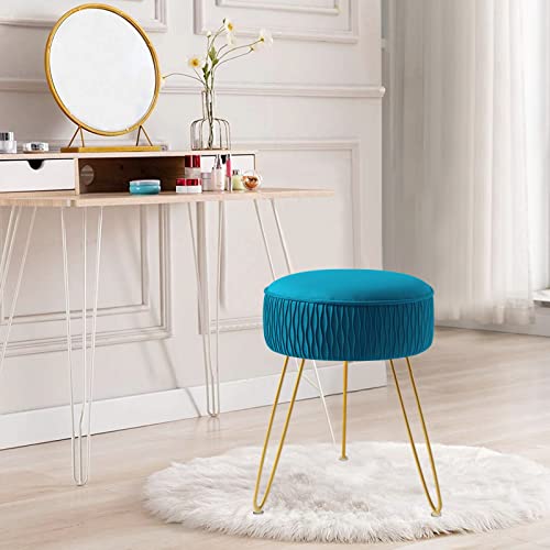 Yoonic Velvet Soft Modern Vanity Stools -Pleated Round Footrest Stool Ottoman Side Table Seat Dressing With Golden Metal Leg,Upholstered Foot Rest For Living Room(Peacock Blue) #TOP1