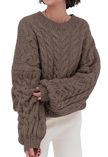 Image of PRETTYGARDEN Womens Sweaters Spring 2026 Cable Knit Long Sleeve Crewneck Oversized Sweater Chunky Pullover Loose Outfits