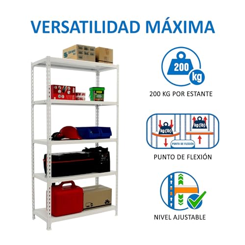 Miniatura 4 de Simonrack Estanteria Metalica, 5 Baldas Ajustables, 200 Kg De Punto Flexión, 2000x1100x400 Mm, Estantería Almacenaje, Sin Tornillos, Blanco - Simonclick