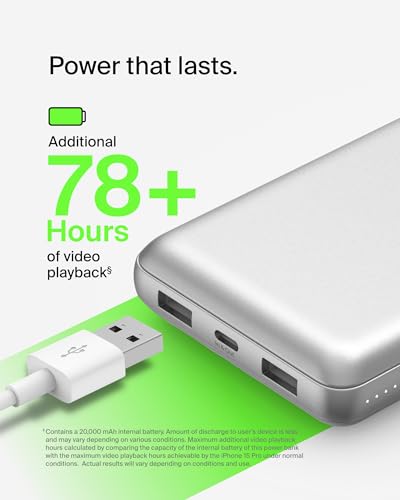 Image of Belkin Portable Charger, USB-C Power Bank 20000 mAh w / 1xUSB-C Port & 2xUSB-A Ports, 15W w /Type-C to Type-A Cable for iPhone 17, Samsung Galaxy S25, Nintendo Switch 2, Google Pixel 10, etc. - Silver